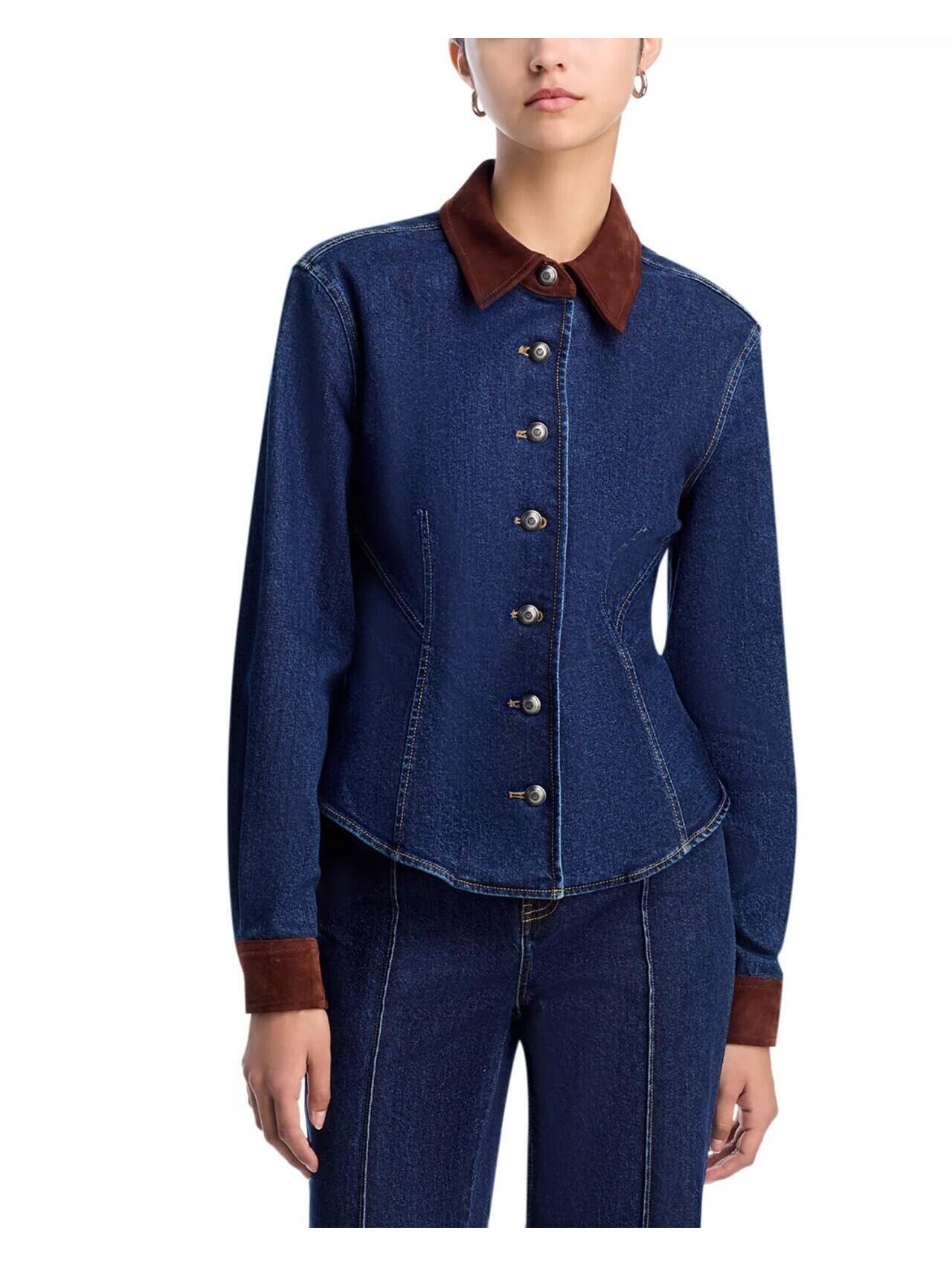 395$ Cinq A Sept Suede Combo Denim Shirt Top Women's Size M Dark Sepia Blue